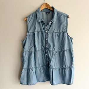 J.Jill Denim Sleeveless Tiered Blue Button-Down Shirt 3X